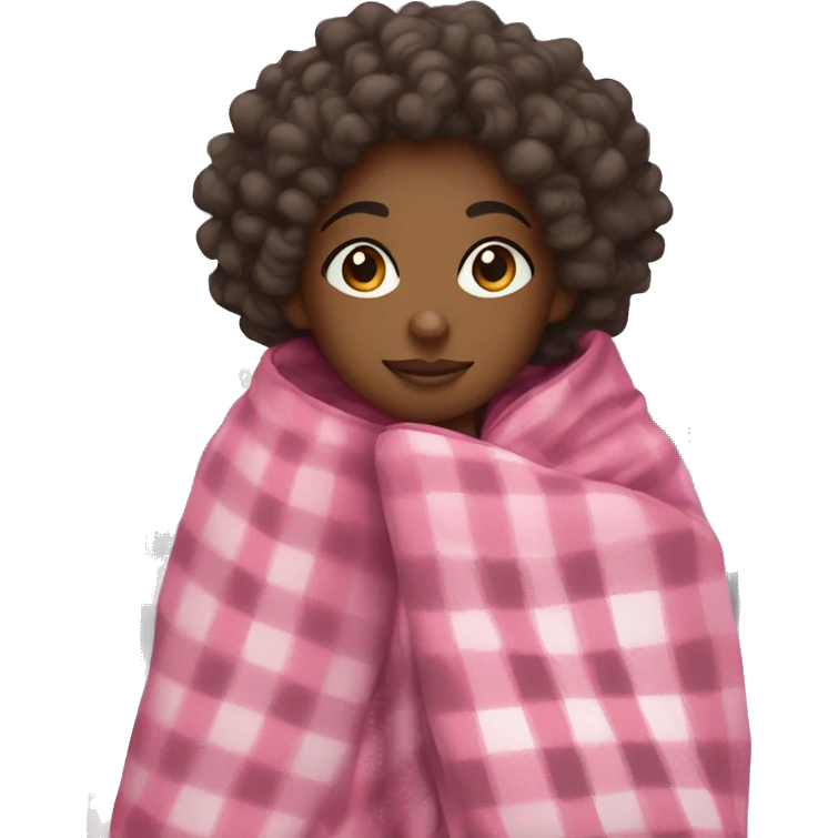 black girl with curly hair wrapped up in a pink plaid blanket  emoji