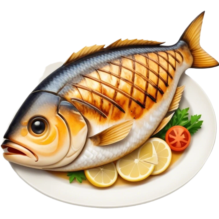 Gradele Cinematic Realistic Gradele Dish Emoji, depicted as 2 perfectly grilled fish with prominent grill marks and a smoky finish, rendered with vivid textures and dynamic, natural lighting. emoji