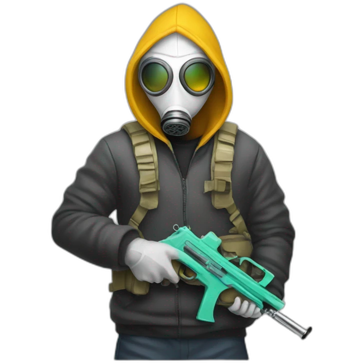 white man with hoodie and gas mask and paint gun emoji