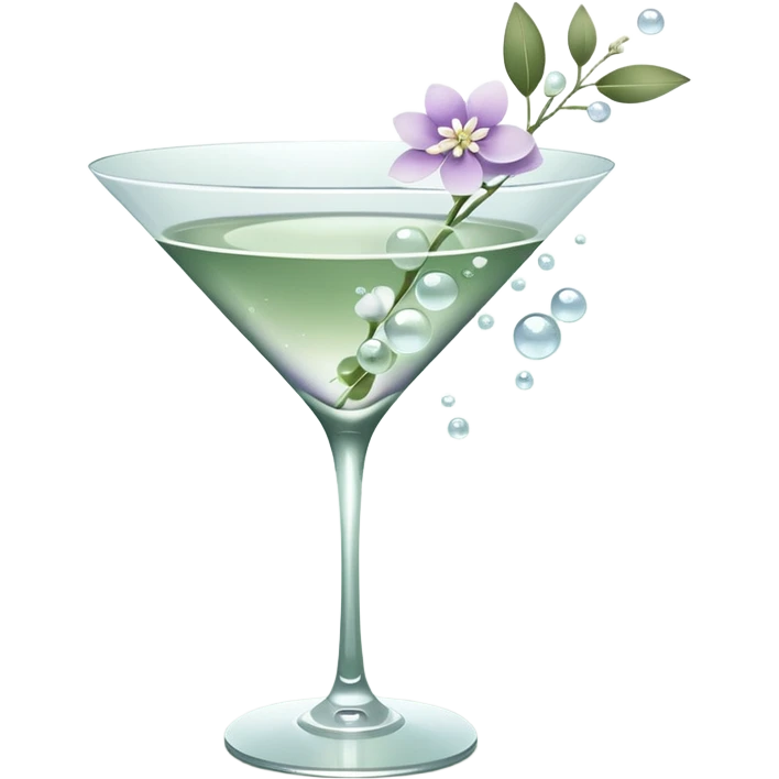 Minimalist spring aesthetic in muted sage green palette, elegant martini glass centerpiece, soft sunlight, floating bubbles, dainty white and lilac flowers, fresh leaves, glossy clean textures, modern iOS 18 style, soft gradients, airy negative space, ultra clean, calming pastel tones, 4k emoji