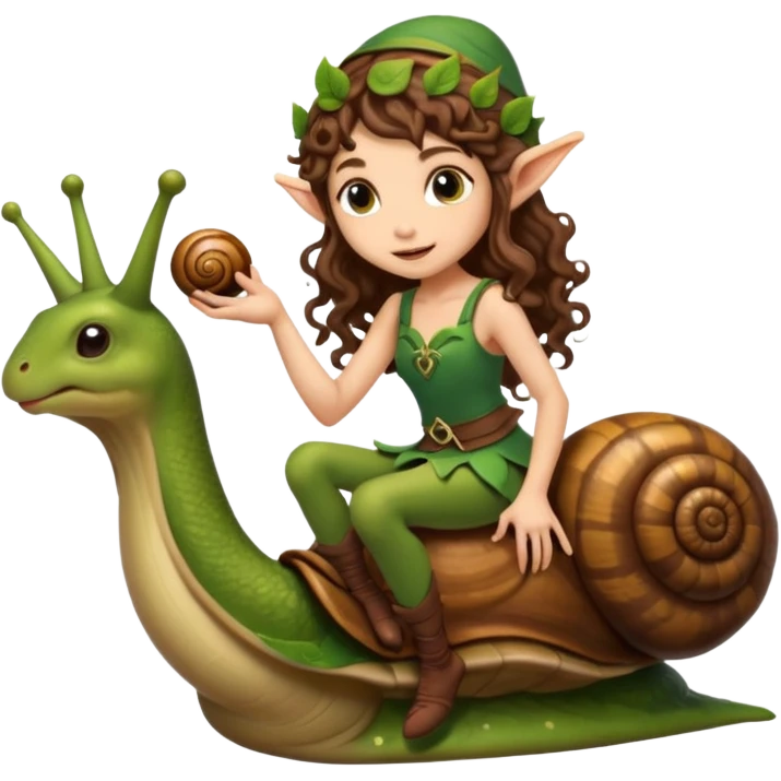 tiny forest elf long curly brown hair tattoos riding snail emoji