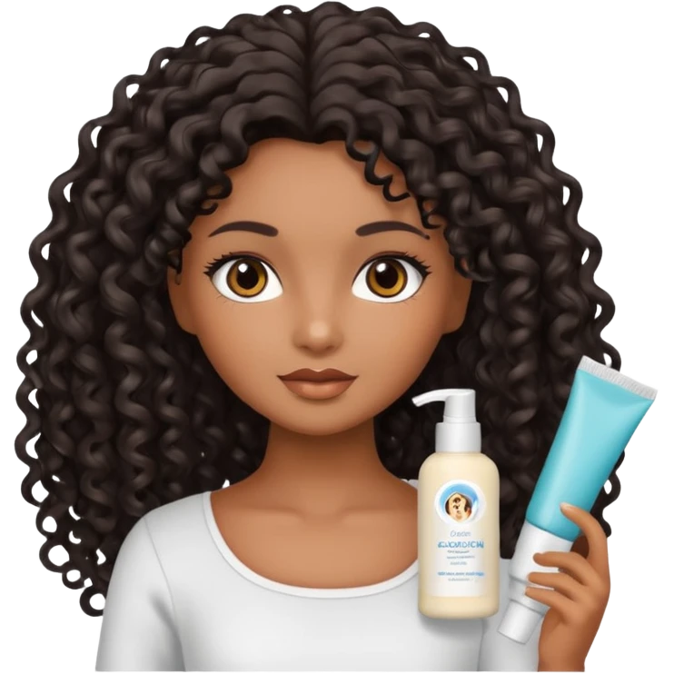 Uma boneca morena com olhos castanhos e cabelo cacheado longo preto, com creme de pentear na mão da Salon line emoji