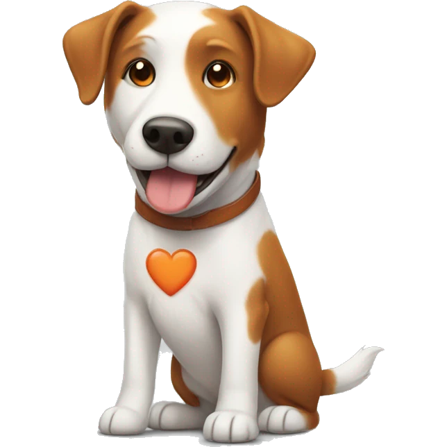a white and brown-orange dog with a heart happy emoji