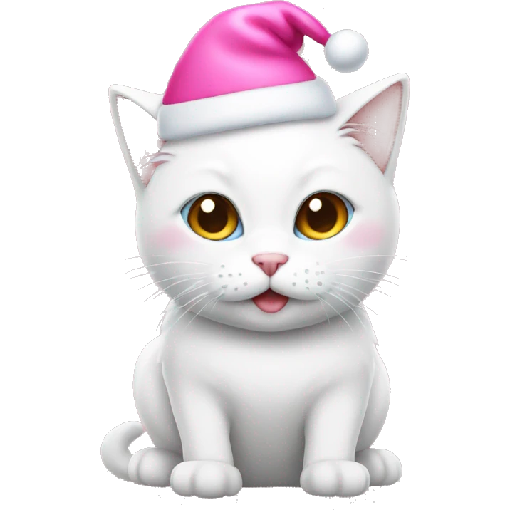white cat with a pink christmas hat emoji
