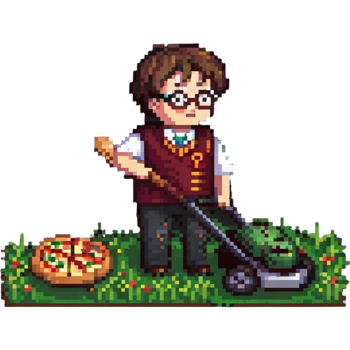 Harry Potter mowing the lawn with pizza emoji