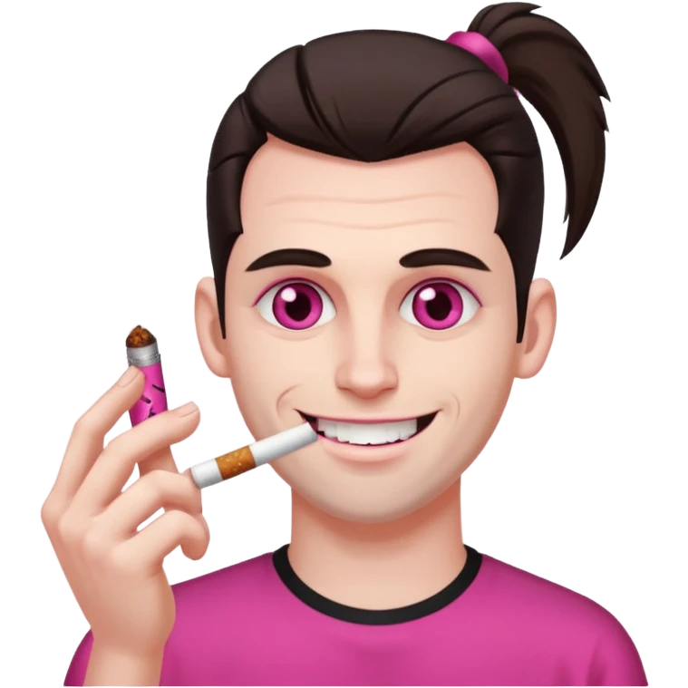 A white man with dark brown hair in a ponytail, oversized bloodshot pink eyes, grinning, smoking a long roll up emoji