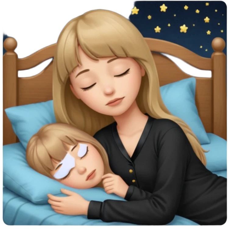 Young woman with long dark blond hair all around her, and a bang, sleeping in bed  with black pyjama  emoji