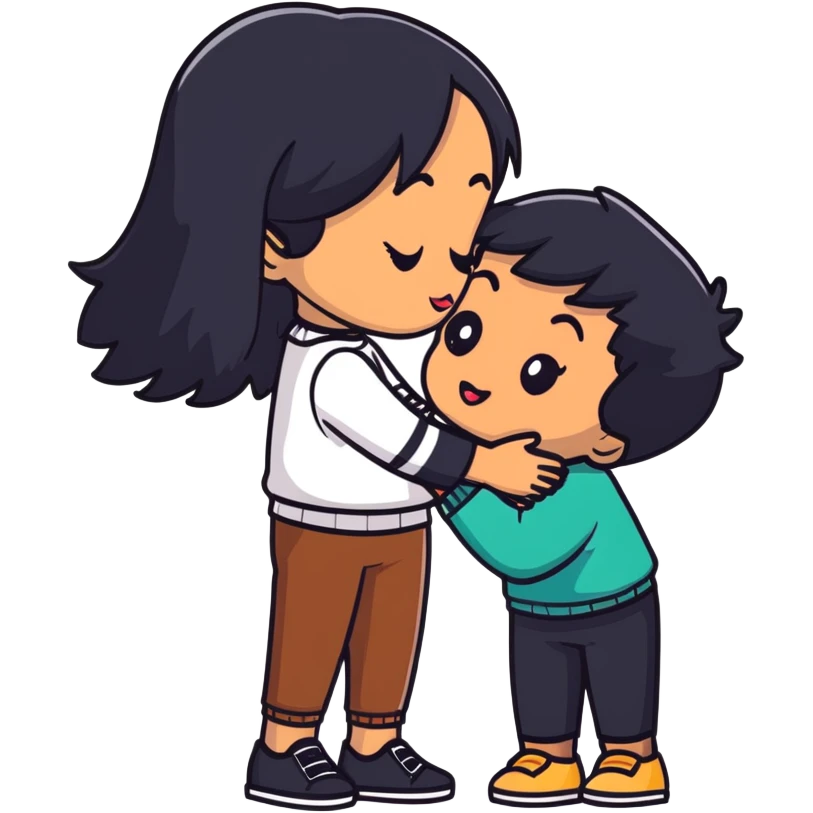 Black haired brown skinned boy kissing a black haired light skinned girl emoji