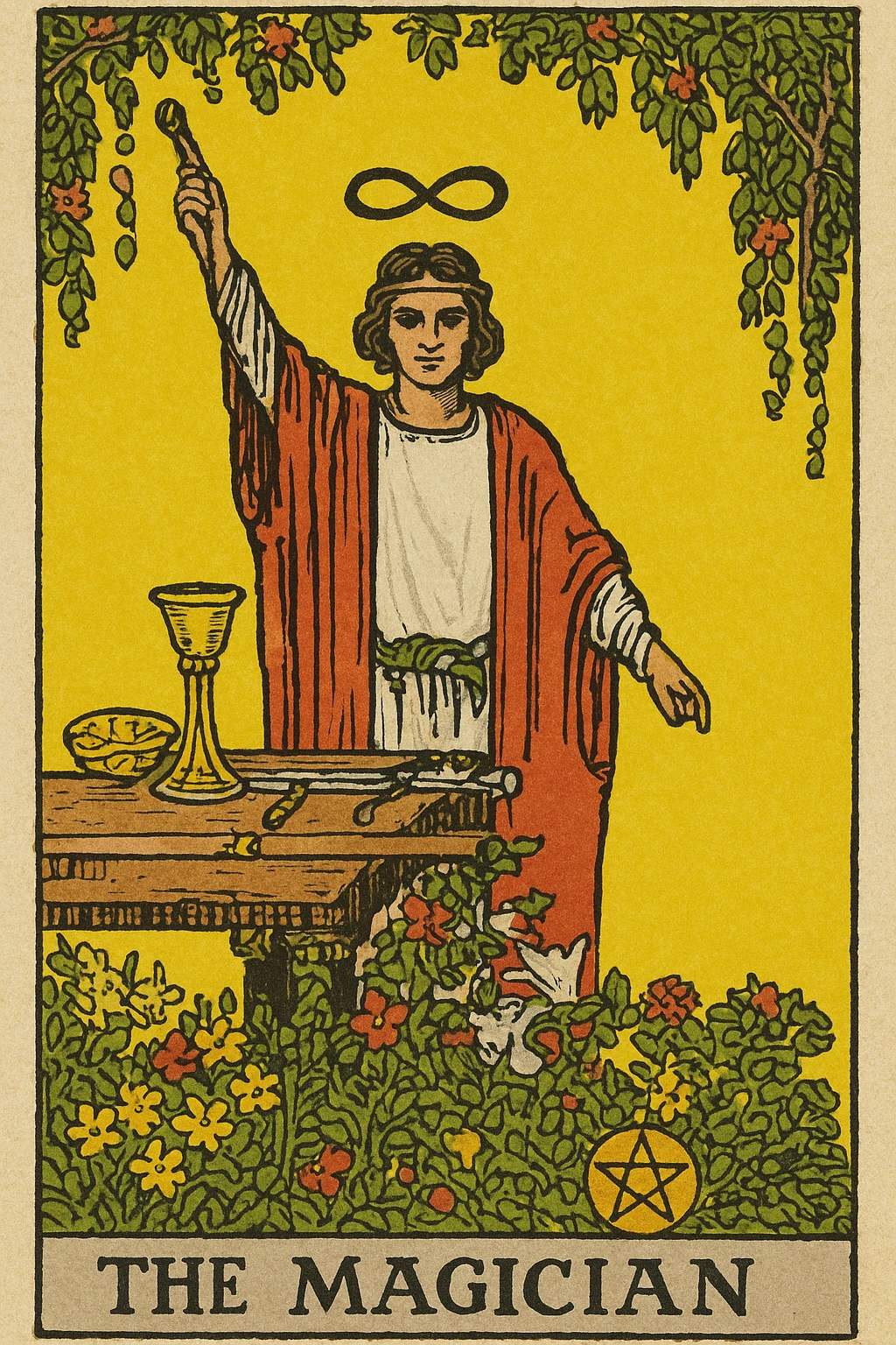 the magician tarot card, classic Rider-Waite style, magician in red and white robes, infinity symbol above head, table with tarot symbols emoji