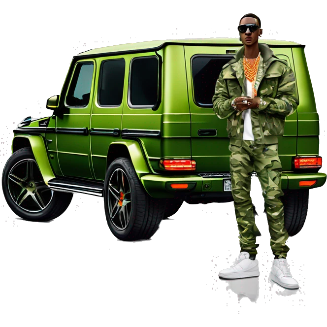 Young Dolph luxury clothes,diamond chain on,getting inside but not all the way in,just opened car door to his all orange and green colored,whole car painted army camouflage, Mercedes G Wagon emoji
