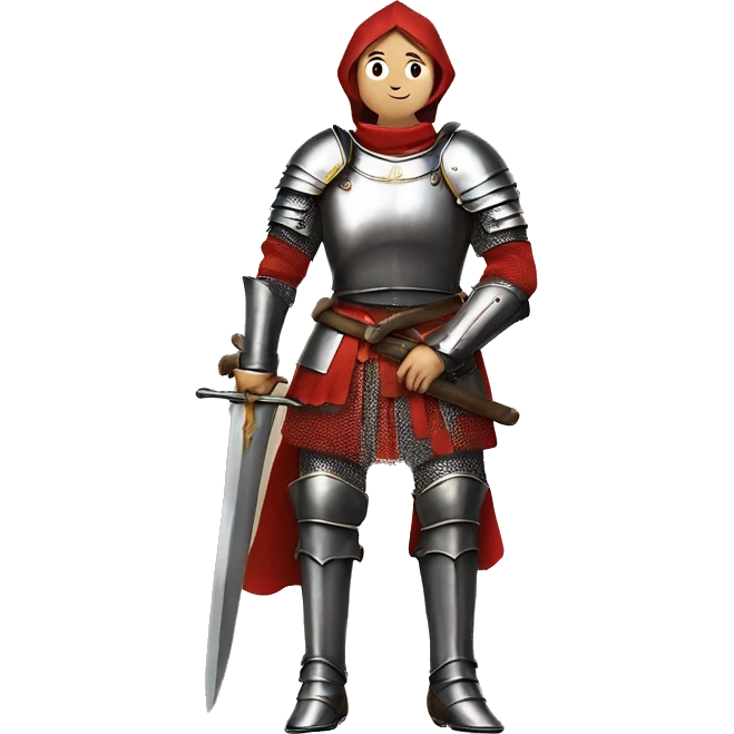 Joan of arc in medieval armor kneels, looking upward, with hands resting on a large sword. They're dressed in a red garment under the armor. emoji