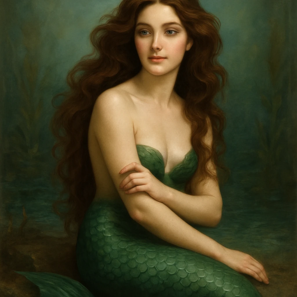 a mermaid with a forest green tail and chestnut brown hair, visually appealing style, detailed, beautiful emoji