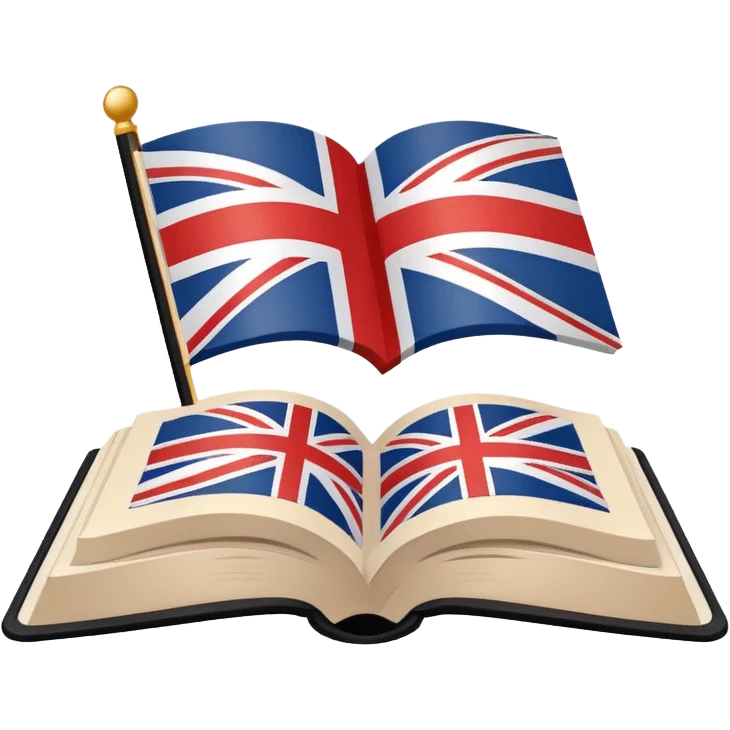 Minimalistic flat vector icon, iOS style, thin black contour on white background. Open book with a small UK/USA flag symbol. No text, no shadows. emoji