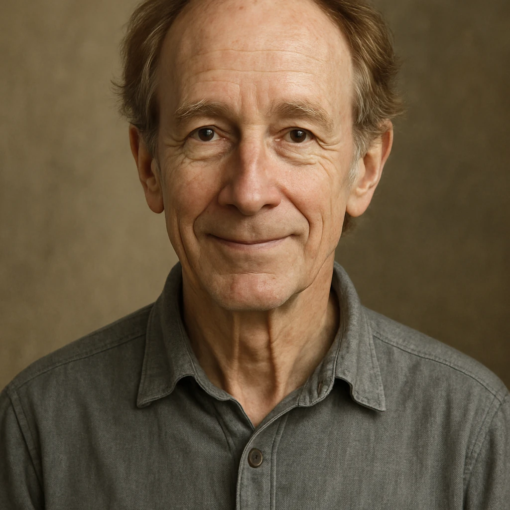 bust portrait of a slender older man with graying red hair, brown eyes, friendly expression emoji