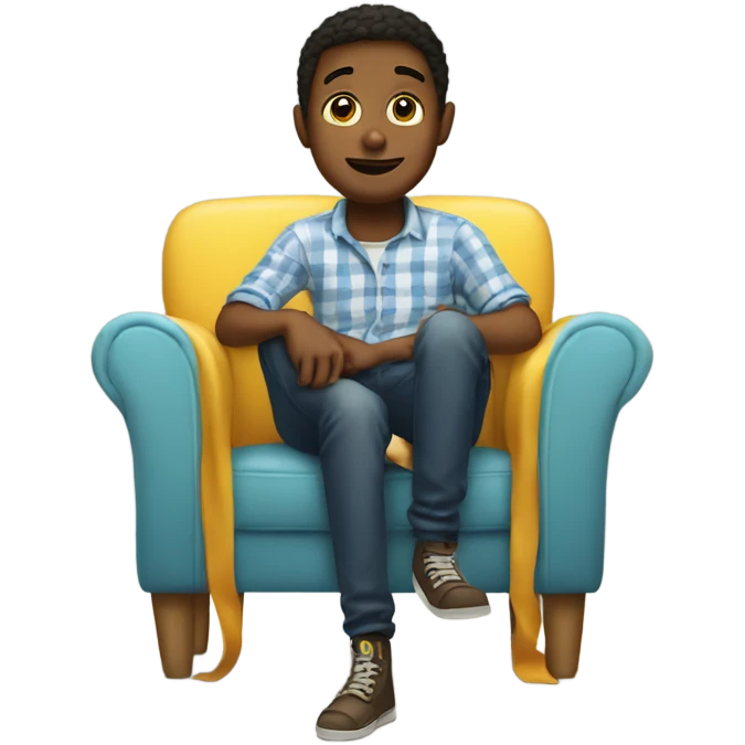 boy sitting on chair indoors with fake leg emoji