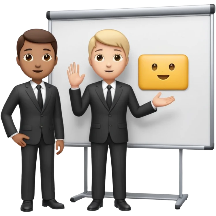 A clean emoji-style illustration of a person giving a presentation, standing next to a large presentation board on a stand, board is white and there is nothing on it, the board is oversized and clearly visible, no podium, no desk, no table, friendly proportions, soft 3D emoji style emoji