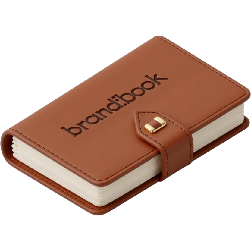 leather-bound notebook with stitching and 'brandbook' in bold written on it, skeuomorphism icon style emoji