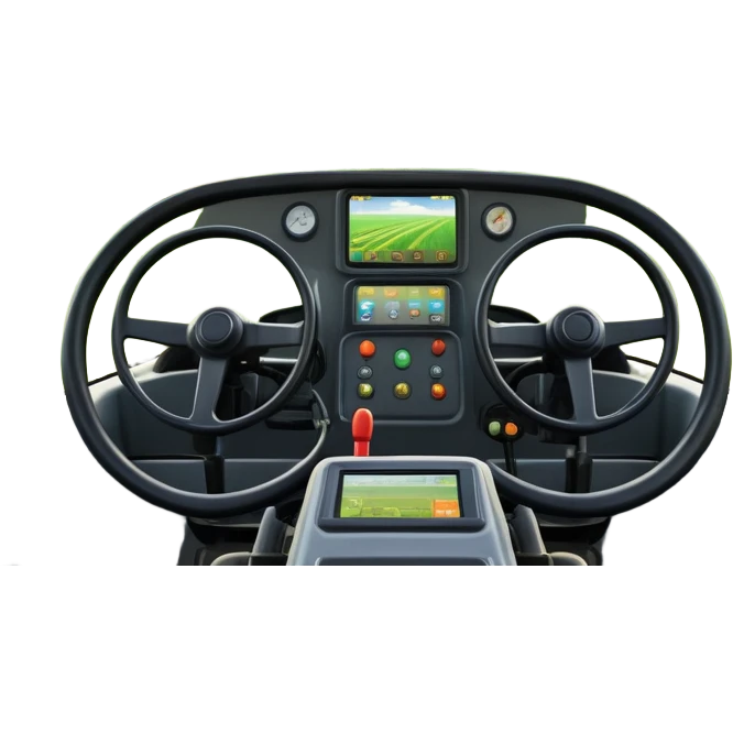 a view from the tractor cabin, with the dashboard in focus, overlooking a vibrant rural landscape. Inspired by Farming Simulator 22, the scene includes fields, crops, and distant barns under a bright sky. The design highlights the immersive experience of farm management. transparent background emoji