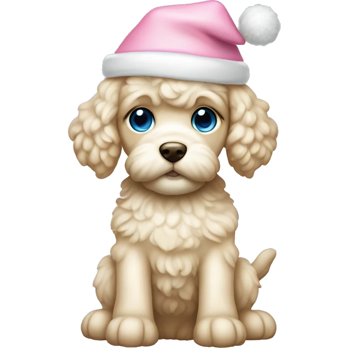 Cream cockapoo puppy whole body with pastel blue eyes, and with pink Christmas hat emoji