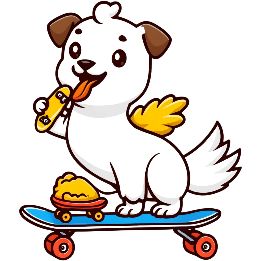 dog riding skateboard eating chicken wing emoji
