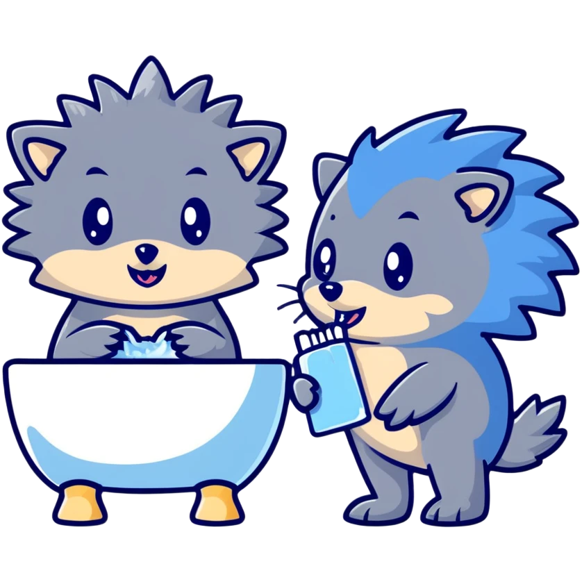 Cute blue hedgehog and silver hedgehog brushing teeth in bathroom emoji