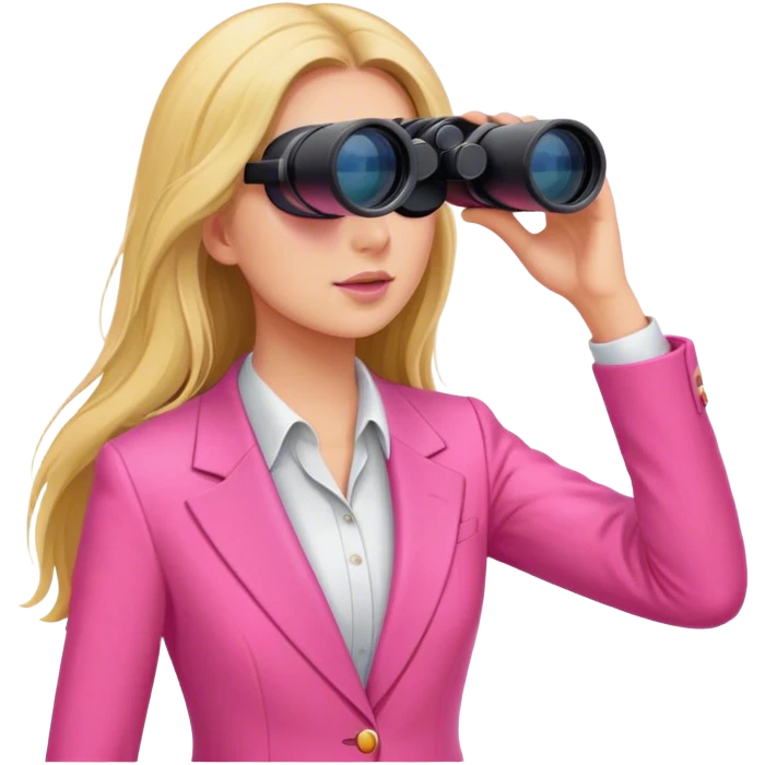 woman with long hair in an intensive color pink suit looking through binoculars emoji