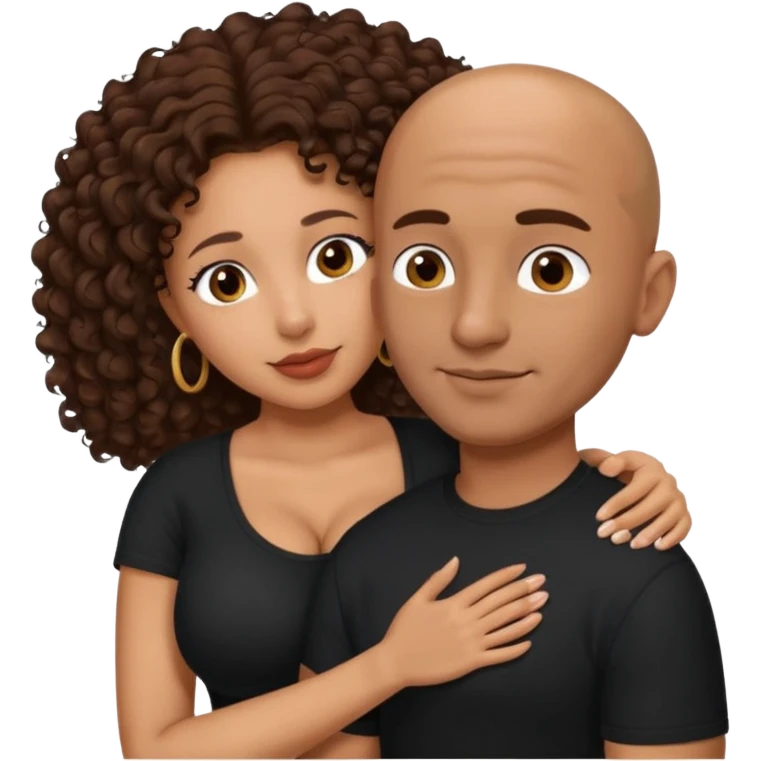 A mixed girl, the girl is wearing a black shirt, the girl has brown curly hair  and the girl has big boobs. A Mexican man is embracing her, with bald hair and clean shaven emoji