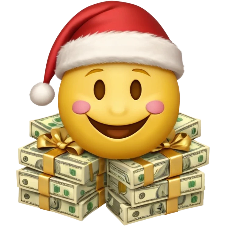 A festive 3D emoji style yellow smiley face wearing a Santa hat, surrounded by stacks of cash and dollar bills, joyful expression, Christmas and New Year theme, high quality, clean design, studio lighting, no text, no background, isolated object, transparent background, emojis.com style emoji