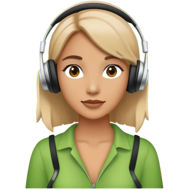 Woman with headphones with green park background emoji
