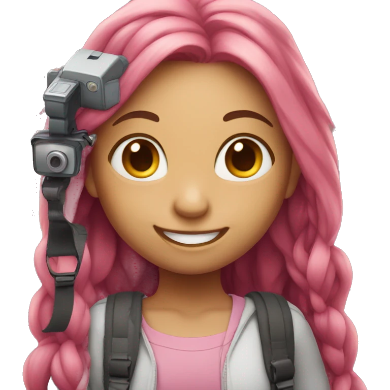 smiling girl with long multicolored pink hair holding a camera emoji