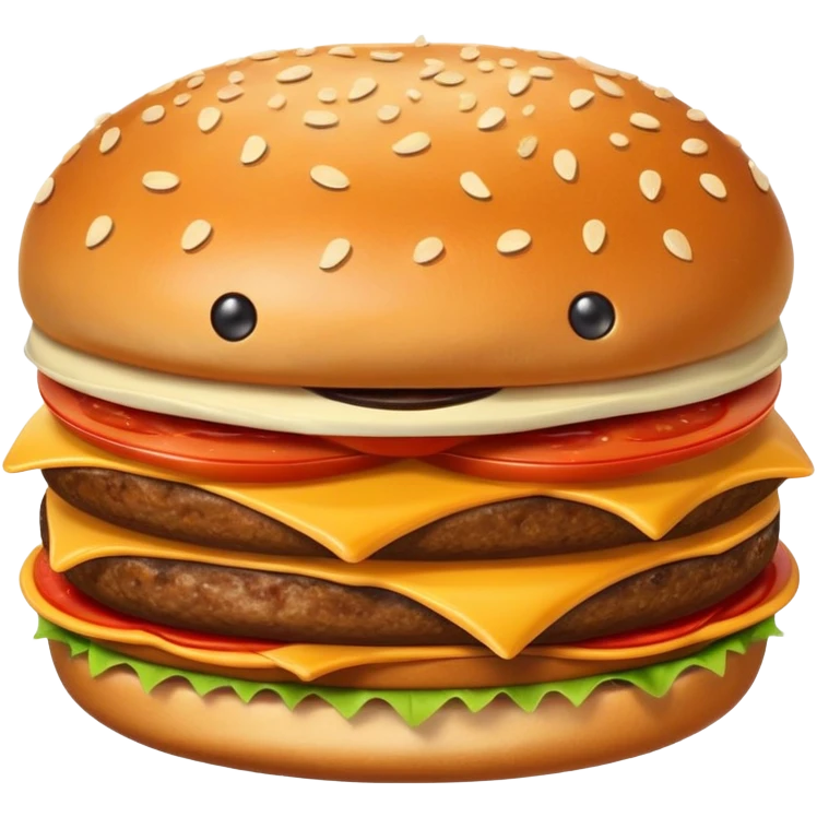 A happy smiling burger next to a pizza slice and french fries emoji