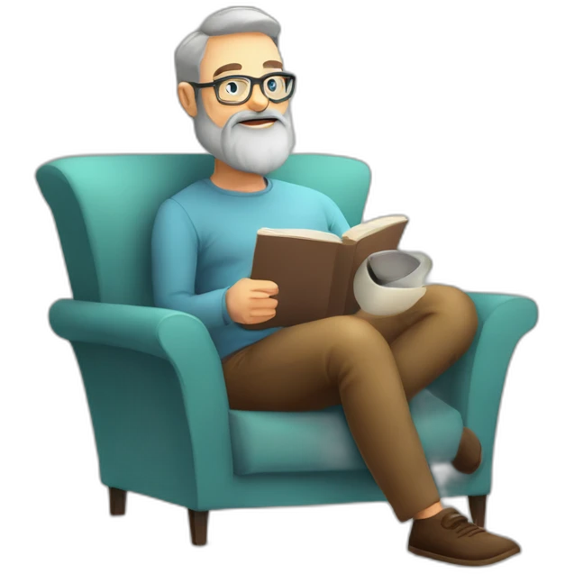Bearded 50 years old man, glasses, perspective armchair, Reading at home, drinking a coffee, relax emoji