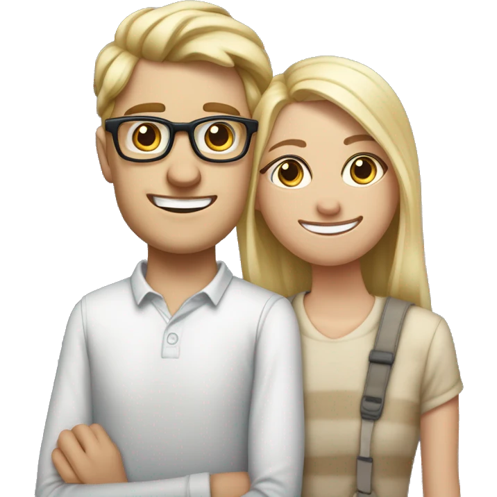 Create an iPhone-style emoji of a nerdy, skinny, white blond guy in his mid-20s with glasses and braces, standing behind his shorter adopted sister, hands on her shoulders, smiling menacingly at her. emoji
