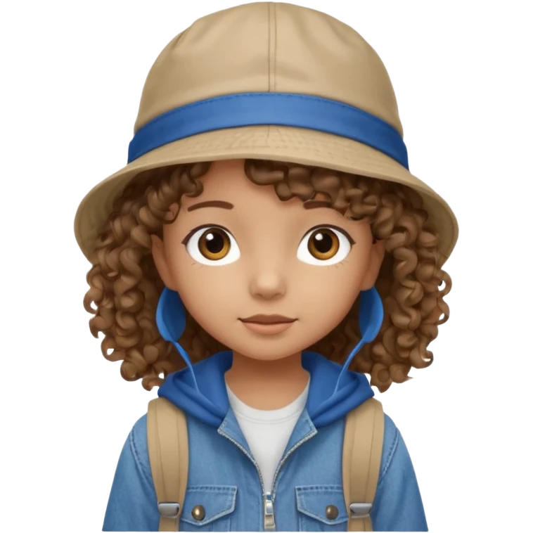 A little girl student curly brown hair, with jean bucket hat, beige jacket, blue backpack emoji