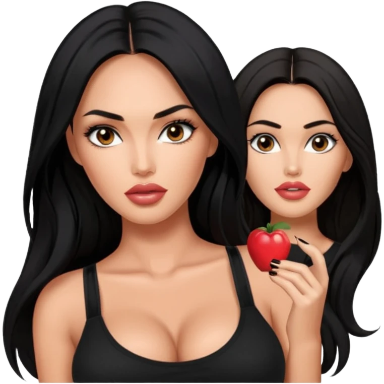 Megan fox, fashion model Beautiful woman model adult   large breasts  with monolid narrow dark brown eyes tan  skin, full lips  long hair model black   top   emoji
