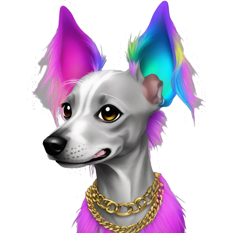 Punk Chinese crested dog neon rainbow hair gold chain punk piercings tattoos punk ear piercings emoji