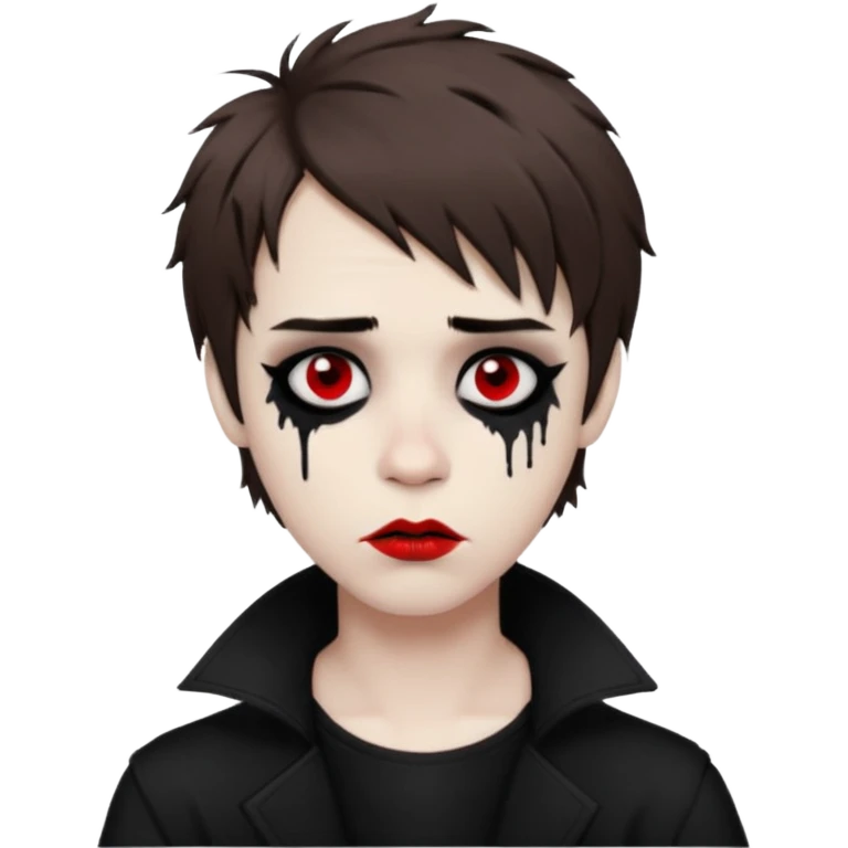 Happy pale Goth boy with shaggy brown hair, and messy black eyeliner , smudged, red, lipstick  emoji