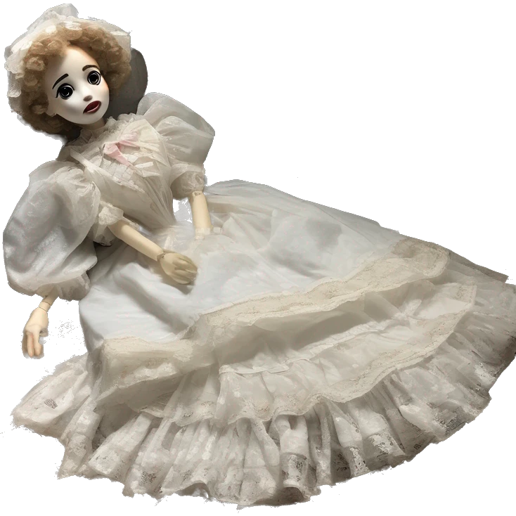 broken broken, porcelain doll, lying on the ground with cracked in the Lacey puff sleeve Victorian, vintage gown, white Mary Janes, with bows in her hair ￼ ￼￼ emoji
