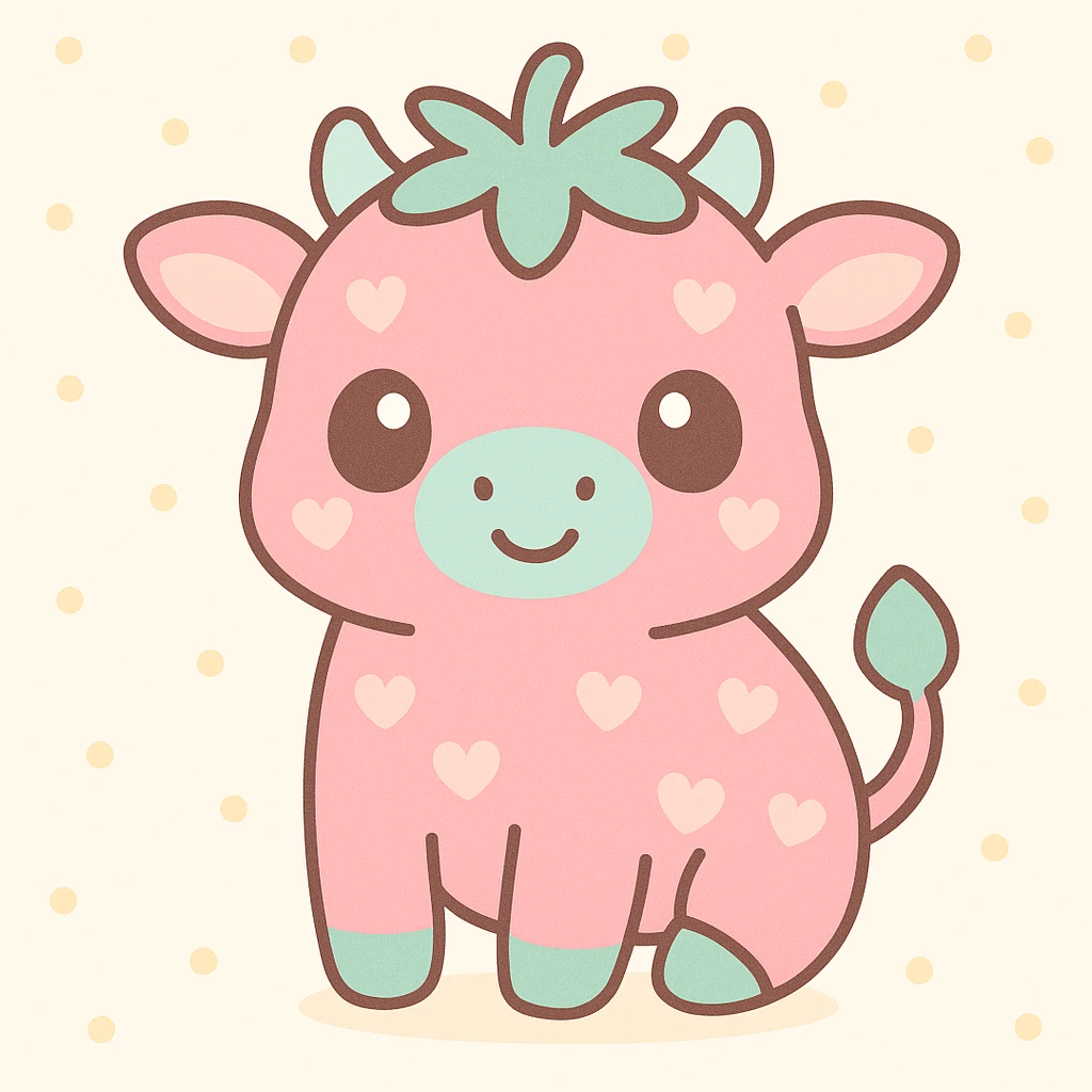 a cute strawberry cow, kawaii style emoji