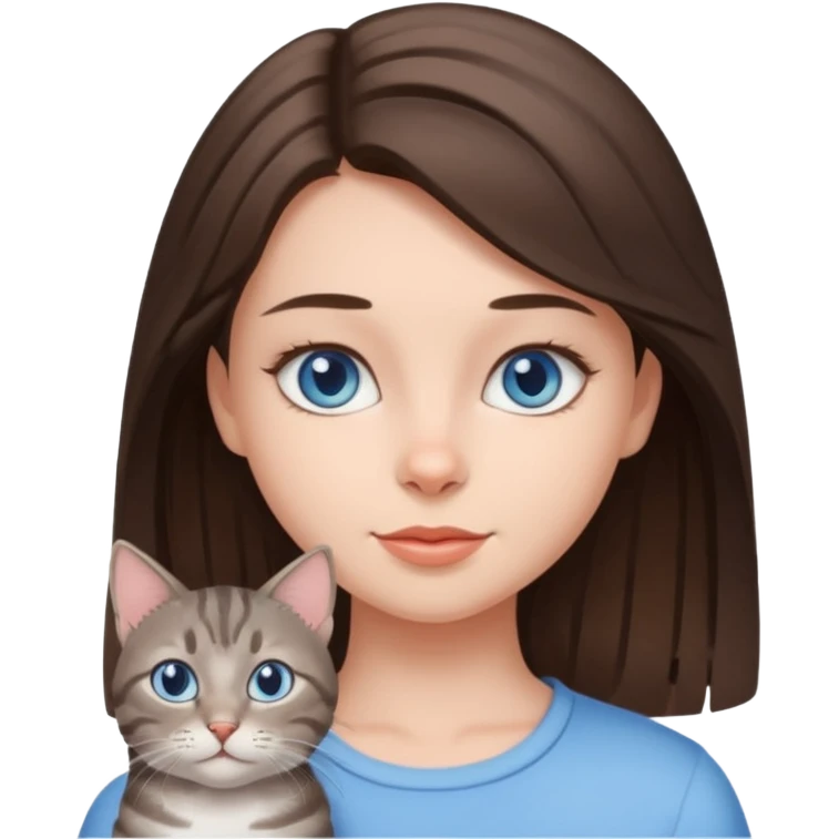 brunette girl with a gray cat with light blue eyes emoji