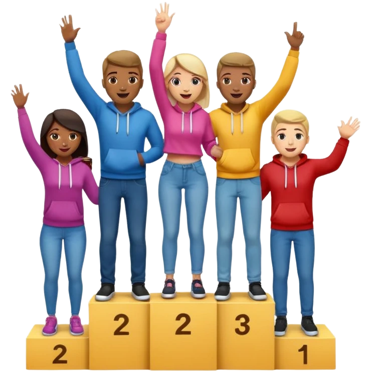 multi-racial men and women standing on a winners’ podium with the middle podium position elevated, no numbers on podium, casually dressed in fun colorful jeans t-shirts and hoodies, excited fun expressive emoji style emoji