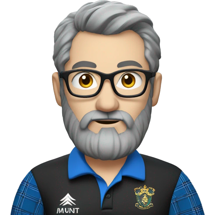 scottish dart player in Black polo with blue plaid sleeves. Dark and Grey hair, Beard around mouth and glasses emoji