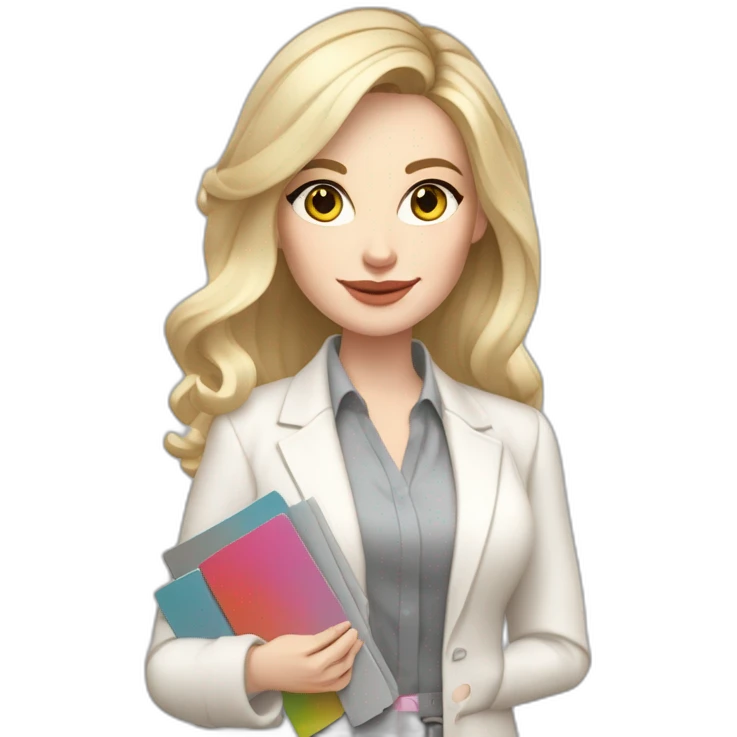 pale skin woman interior designer with cold blonde middle length hair, gray eyes, White classical jacket, blouse, Gray skirt holding a color palette in the hands emoji