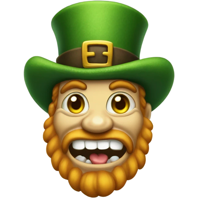 Leprechaun with laughably small eyes and an open mouth with crooked teeth. Just one yellow skin. Eyes more crossed. Whole body cross the eyes. Small beady eyes emoji
