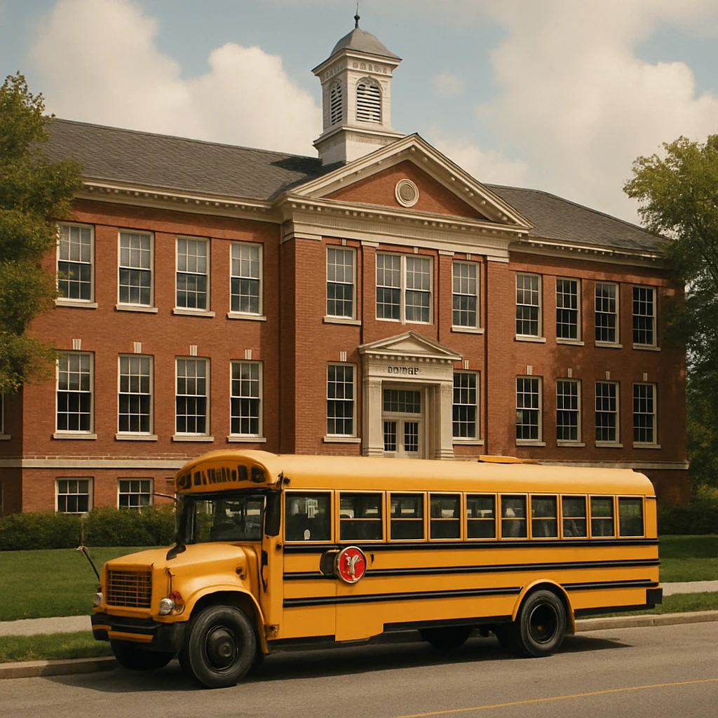 classic style school building with a yellow bus in front emoji