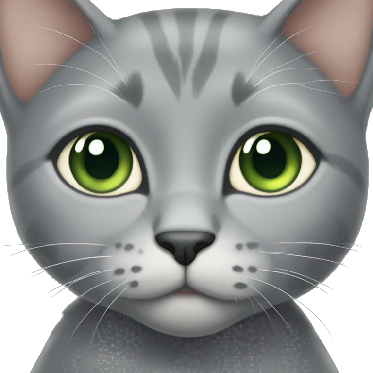 All grey cat with tan diamond on her forehead. Green eyes emoji