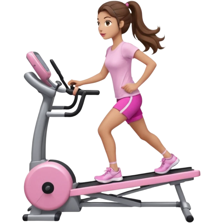girl with wavy long ponytail brown hair, brown eyes, light to medium complexion, long lashes, light pink lipstick, wearing light pink shirt, on a stairstepper workout machine emoji