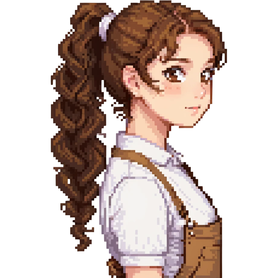 girl with brown curly hair in a ponytail, brown eyes, brown hair emoji