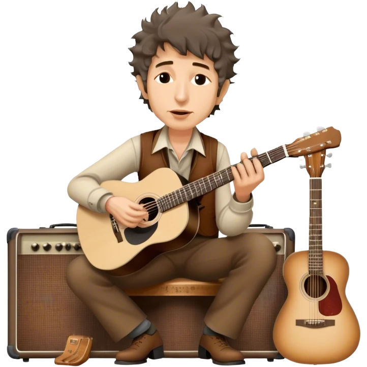 Icon for Folk Music: Bob Dylan with his harmonica and acoustic guitar, performing with his band on stage. The atmosphere should be intimate and nostalgic, capturing the soul of folk music with simple instruments and natural vibes. Transparent background. emoji