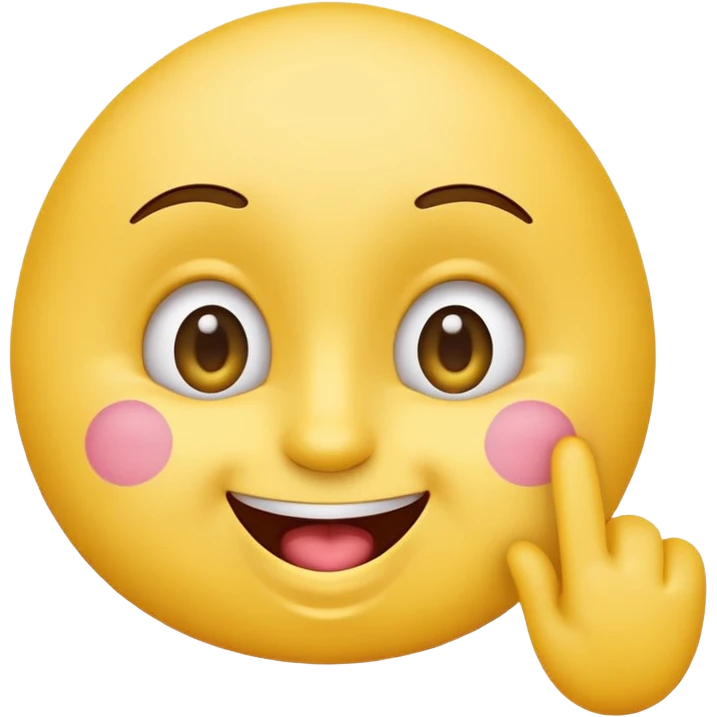 cute, playful emoji character inspired by the 🙃 upside-down face style. Rounded yellow face, big expressive eyes, cheerful smile with mouth slightly open. One hand raised with a finger gently touching the inside of the mouth in a thinking / cheeky gesture (not sexual). emoji